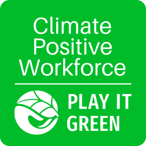 climate positive workforce badge, bright green square with white letters reading climate positive workforce above Play it Green logo