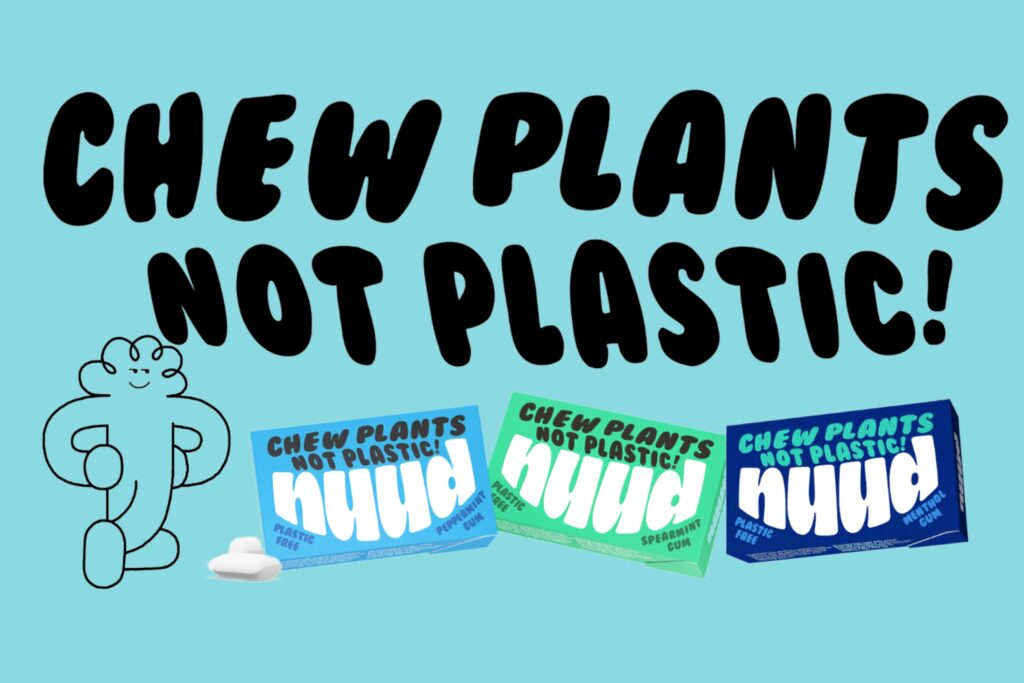 'chew plants not plastic' written in large black writing on blue background, cartoon outline of man leaning against three gum packets underneath