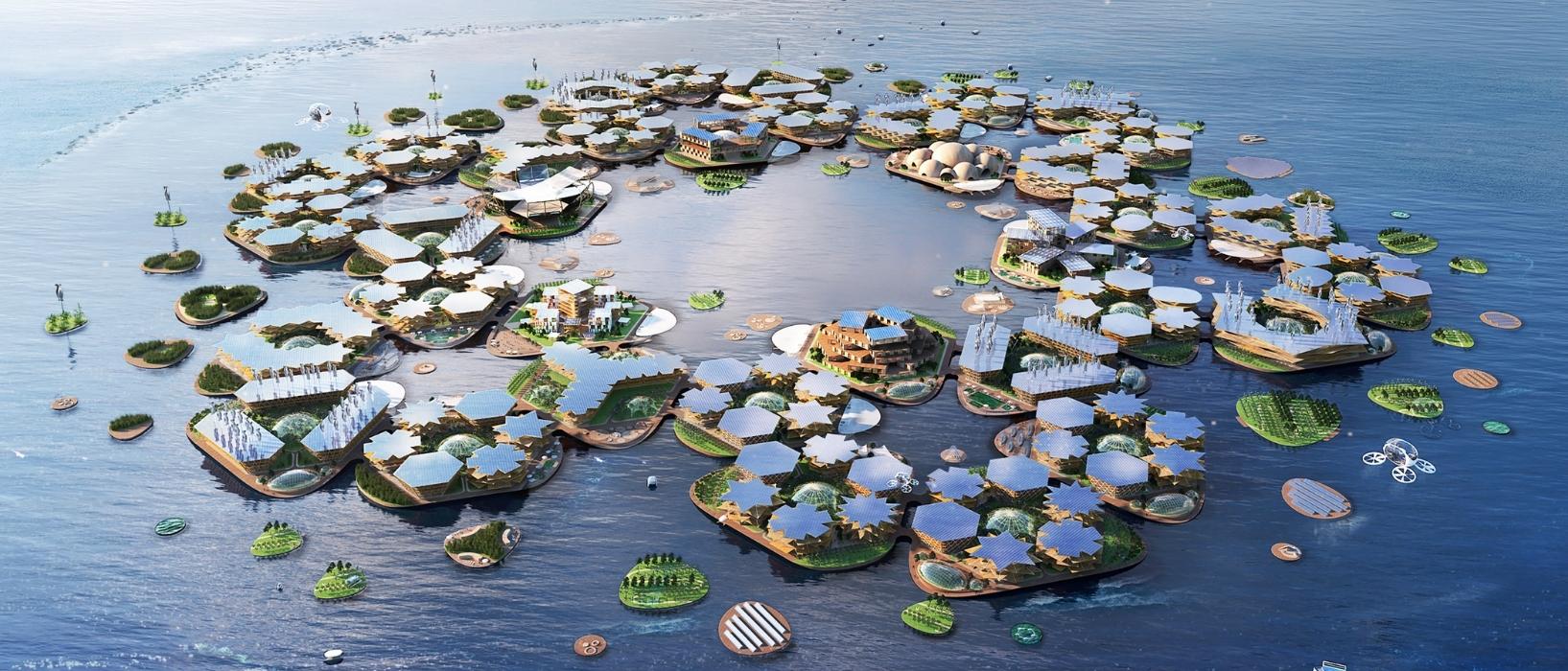 floating city on the ocean in small hexagonal modules, covered with solar panels