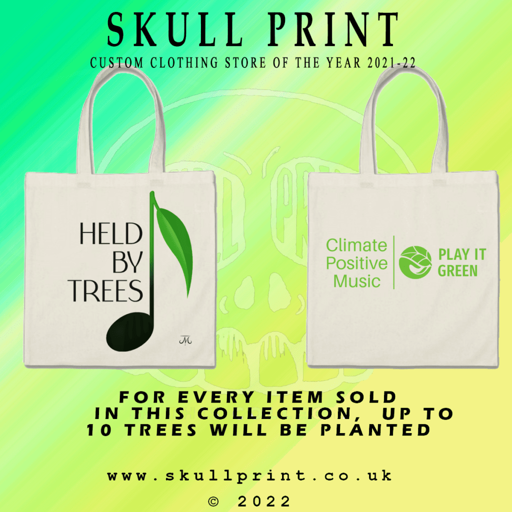 tote bag shown from both sides, one with held by trees logo and other with Climate Positive Music badge
