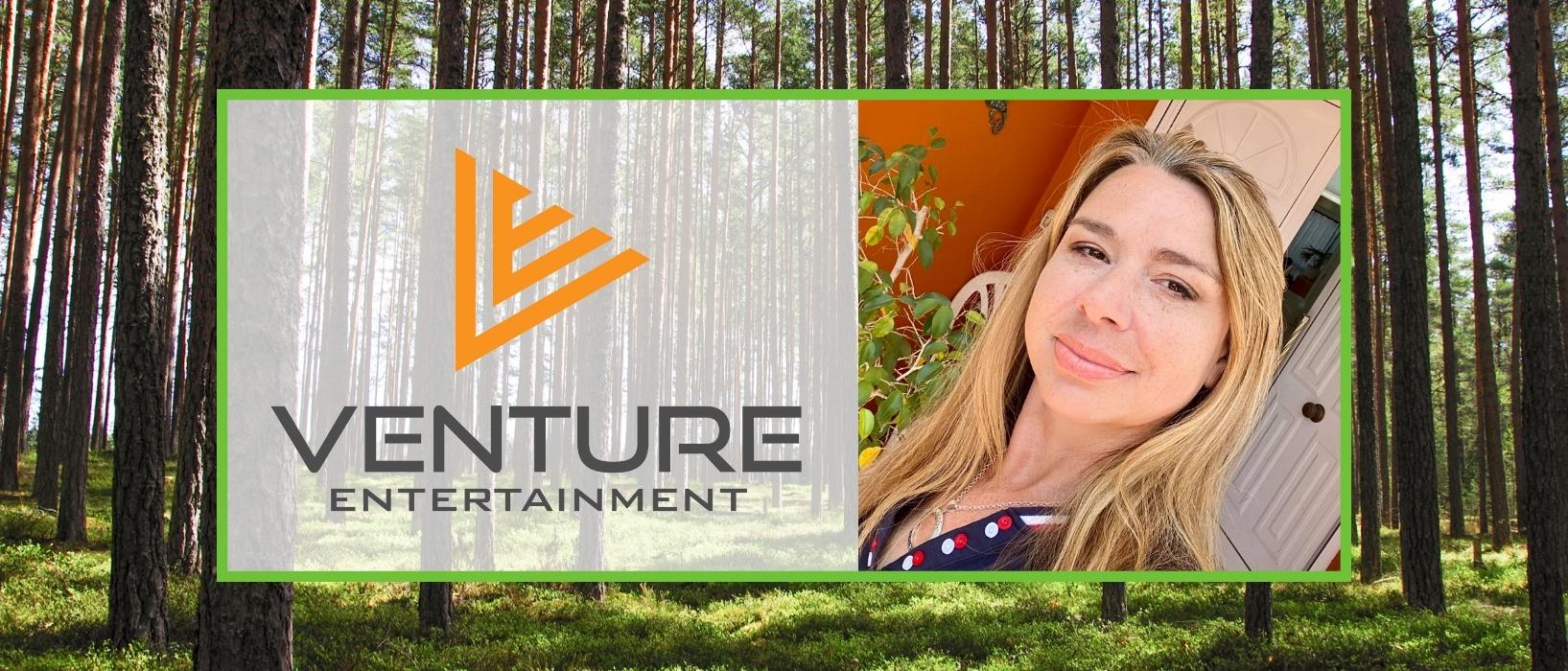 venture entertainment logo beside headshot of CEO Lisa Burton, trees in background