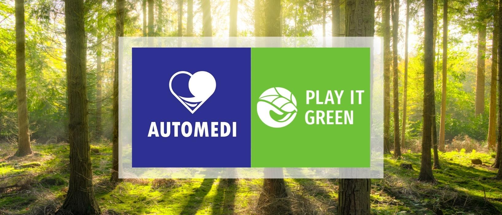 sunlight shining through trees in forest, image of automedi and play it green logos next to each other in front