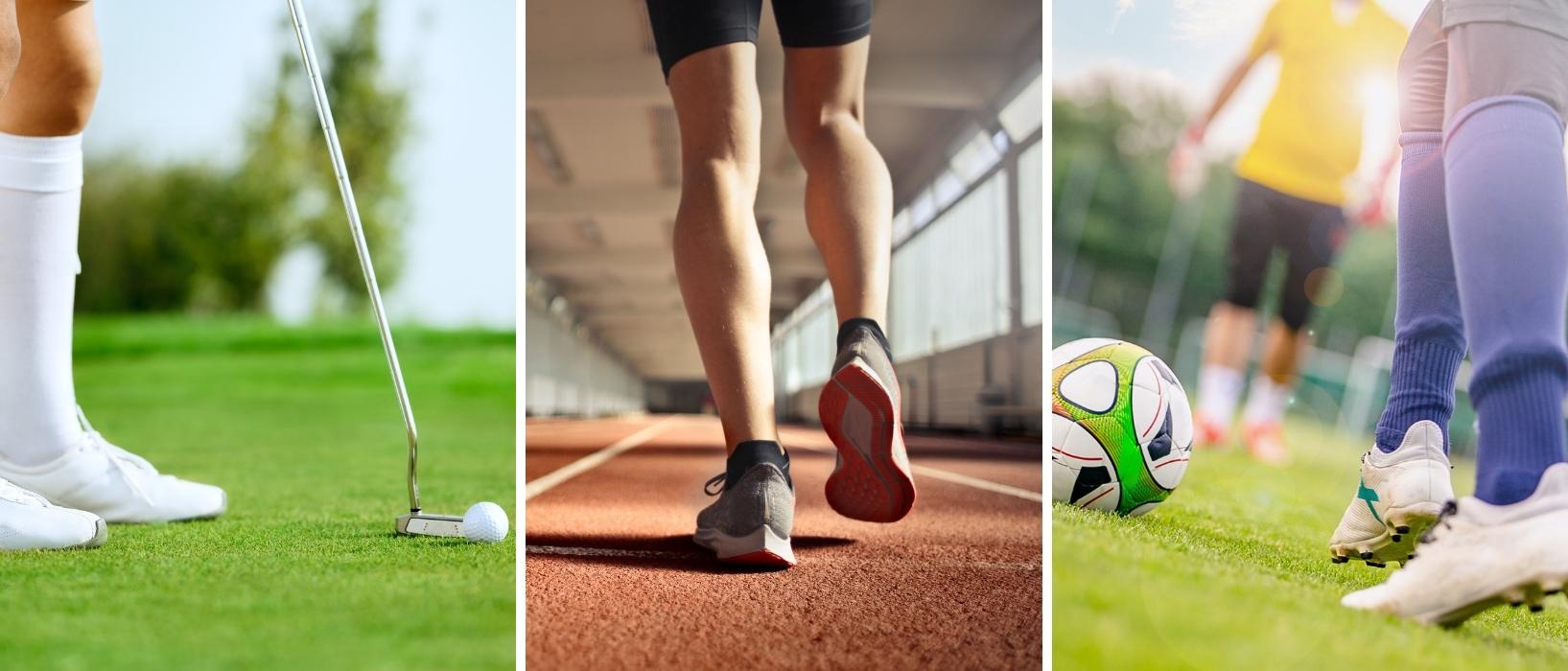 three images in a row all close-ups of ankles/shoes, first is person taking a golf swing, second is person running on athletics track, third is someone about to kick a football