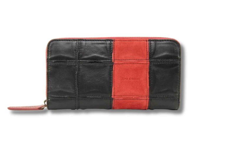 Sustainable Wallets - The Fire & Hide purse combines hand-woven rescued leather and decommissioned fire hose and is lined with reclaimed parachute silk