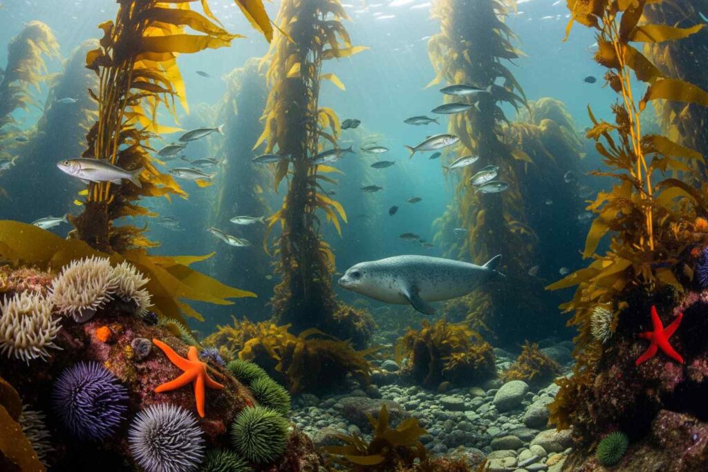 The Benefits of Sea Kelp - As well as absorbing carbon and cleaning sea water, Sea Kelp provides a home countless species of fish, mammal and crustacean