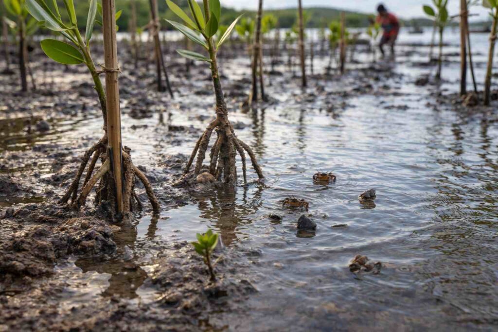 The Cascade Effect - As the mangrove root systems take hold, sediment stays in the systems, cleaning up the coastal waters