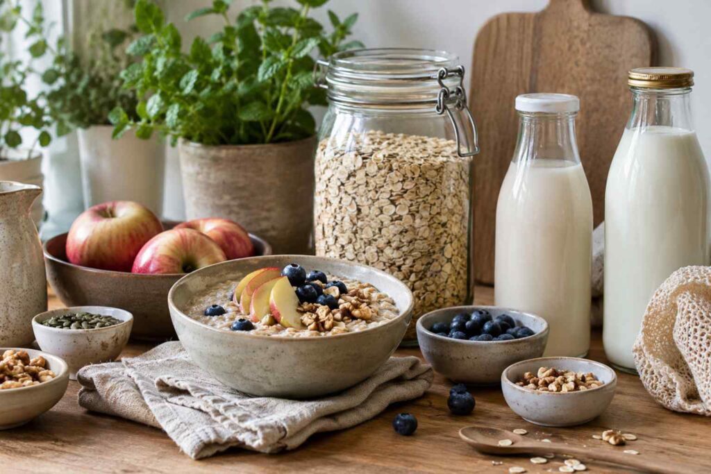 Sustainable Porridge - Start with plain oats, store them well and look at toppings and milk that have lower environmental impact and only use what you will eat